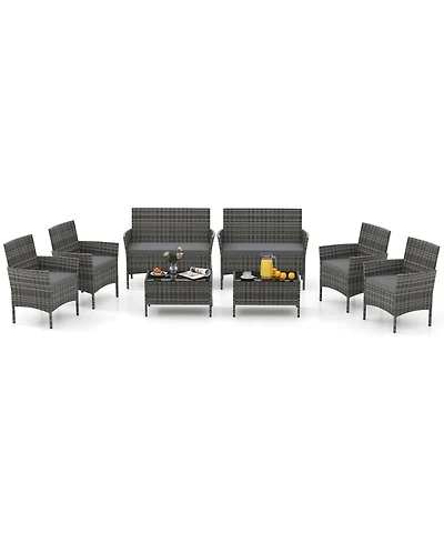 8 Pcs Patio Furniture Set with Washable Cushions and Tempered Glass Coffee Table