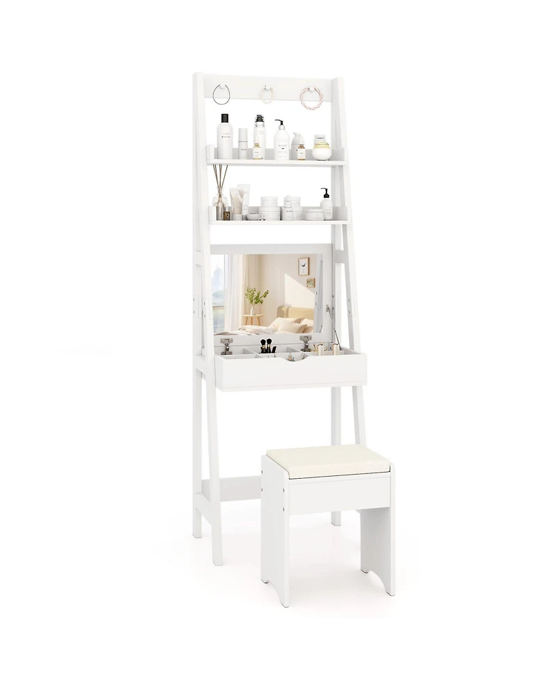 Vanity Desk Set with Flip Top Mirror Hidden Storage Compartments and Cushioned Stool