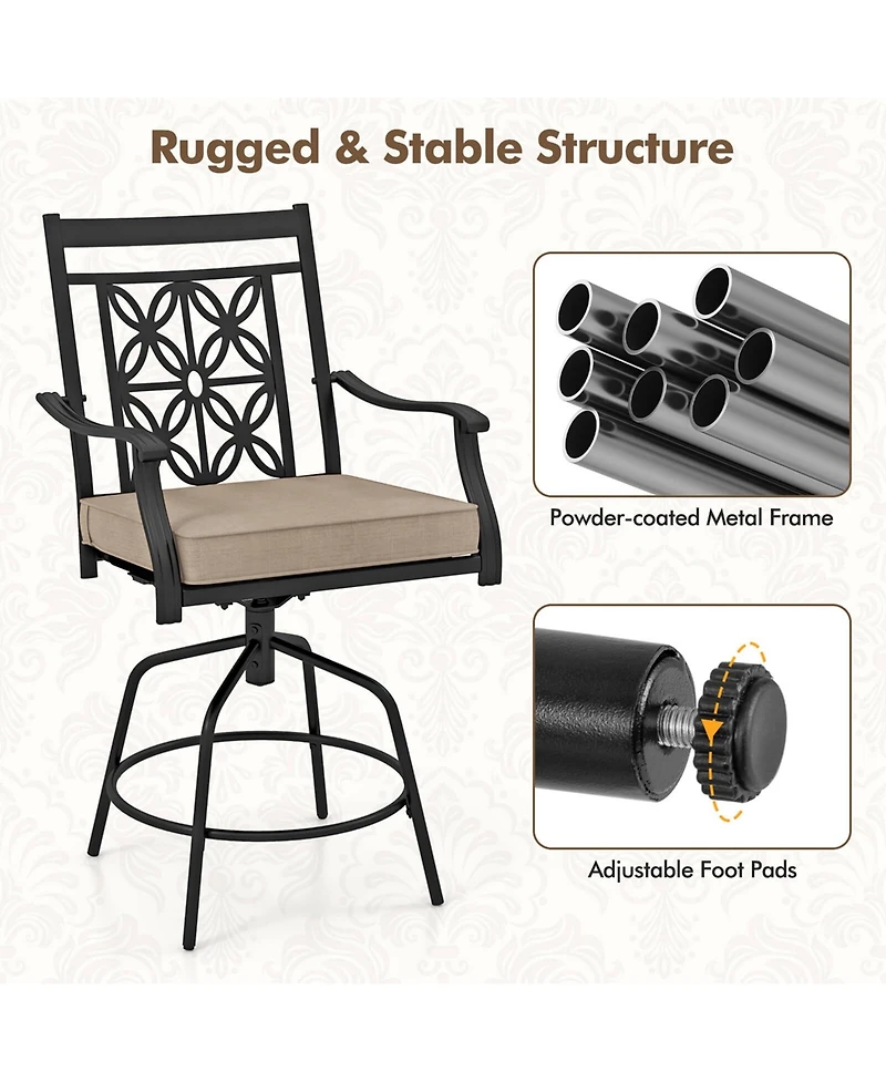 Outdoor 360°Swivel Bar Stools Set of with Seat Cushions High Back & Armrests