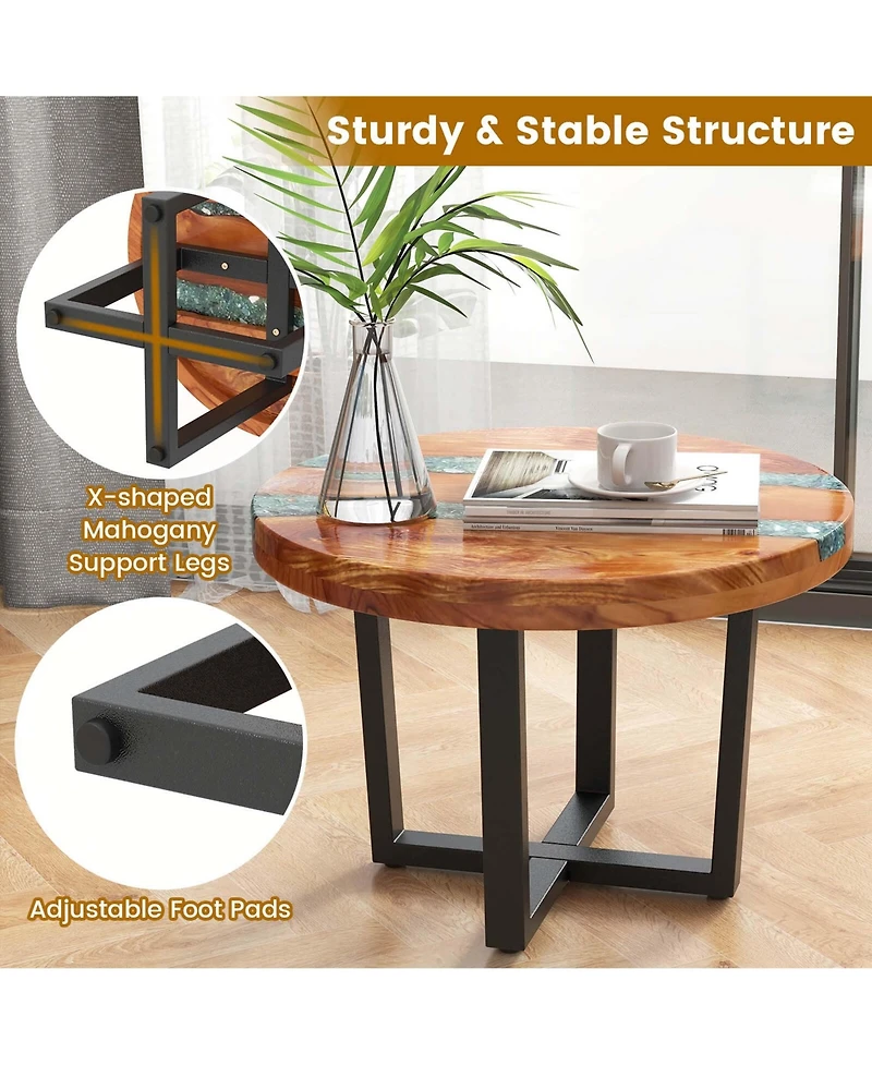 24" Round Teak Wood End Table with Epoxy Resin Tabletop Mahogany Base for Patio