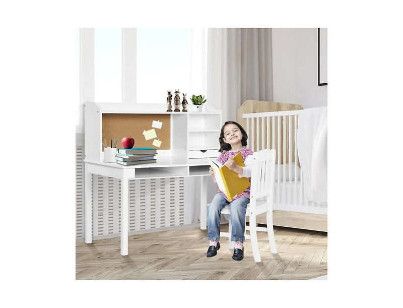 Kids Desk and Chair Set Study Writing Desk with Hutch and Bookshelves-White