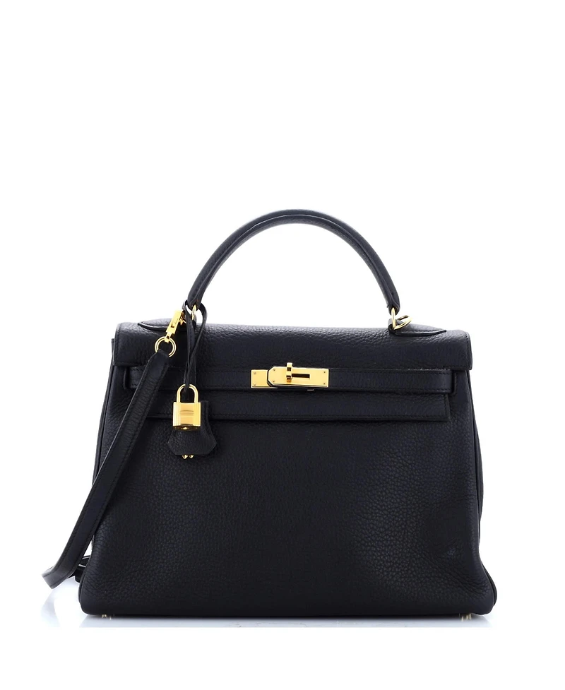 Pre-Owned Hermes Kelly 32 Handbag Black Clemence with Gold Hardware