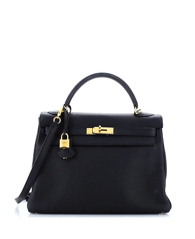 Pre-Owned Hermes Kelly 32 Handbag Black Clemence with Gold Hardware