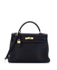 Pre-Owned Hermes Kelly 32 Handbag Black Clemence with Gold Hardware