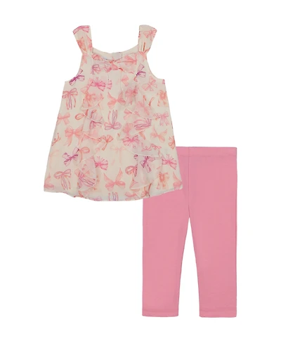 Kids Headquarters Toddler and Little Girls 2-Piece Floral Georgette Cascade Front Tunic Top and Capri Legging Set