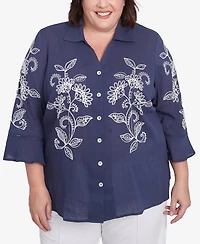 Alfred Dunner Plus Nantucket Embroidered Marine Button Front Top