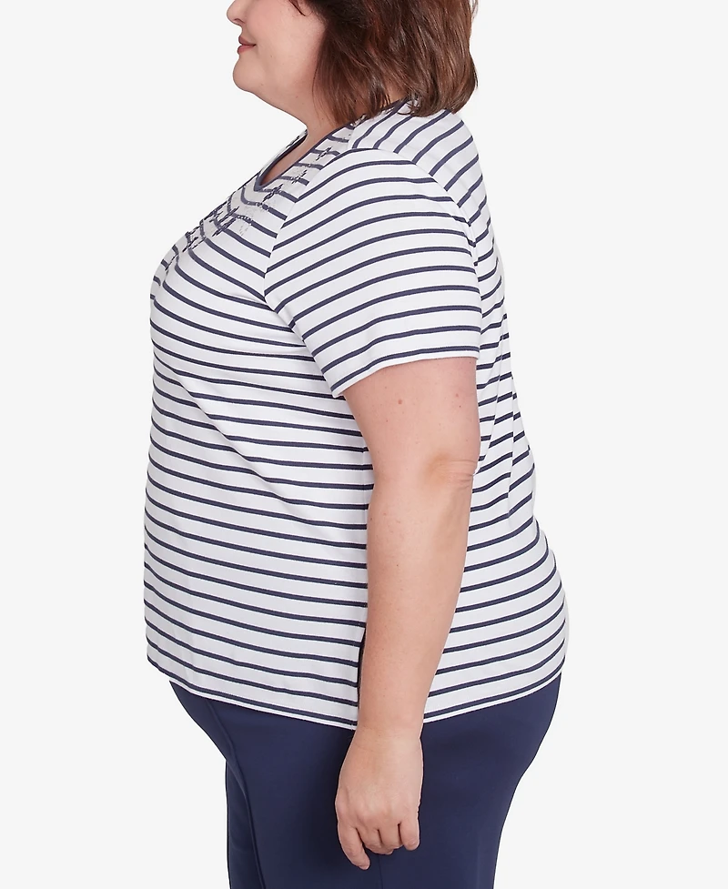 Alfred Dunner Plus Size Nantucket Beaded Floral Striped Crew Neck T-Shirt