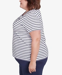 Alfred Dunner Plus Size Nantucket Beaded Floral Striped Crew Neck T-Shirt