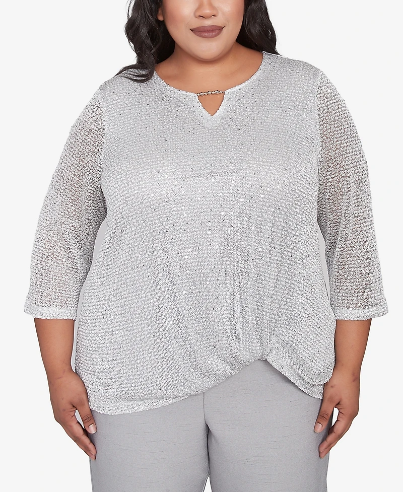 Alfred Dunner Plus Estate of Mind Sequin Beaded Split Neck Top