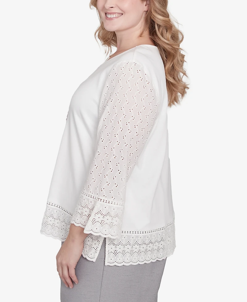 Alfred Dunner Plus Size Estate of Mind Embroidered Floral Eyelet Trim Top