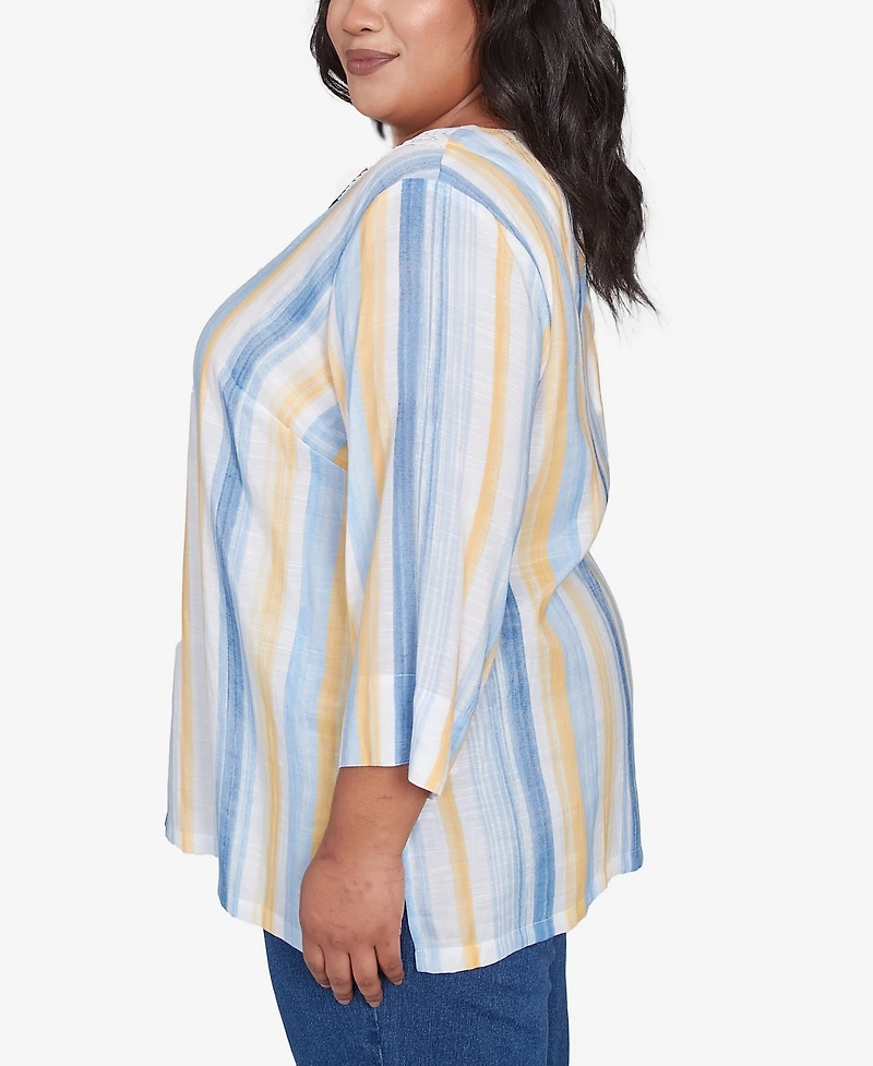 Alfred Dunner Plus Size Flower Power Striped Flower Detail Button Front Top
