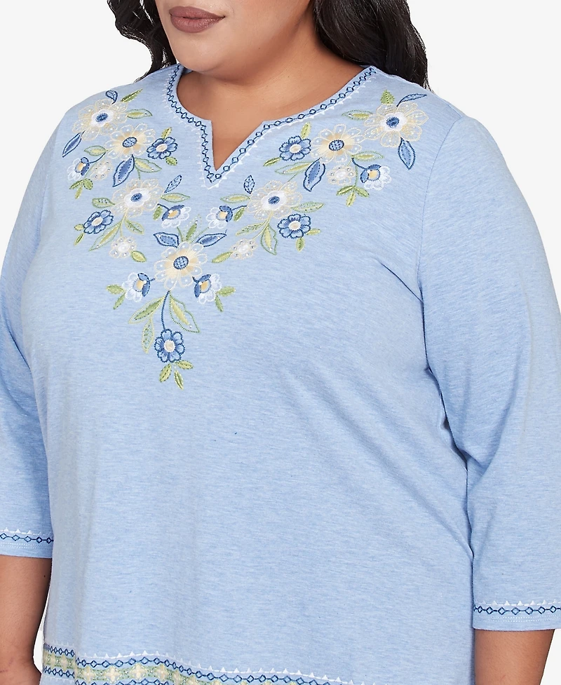 Alfred Dunner Plus Size Flower Power Embroidered Daisy Split Neckline Top