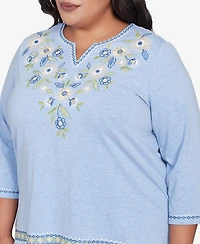 Alfred Dunner Plus Size Flower Power Embroidered Daisy Split Neckline Top