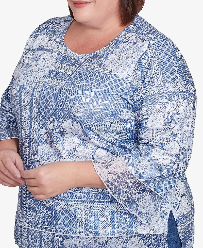 Alfred Dunner Plus Flower Power Lacey Floral Patchwork Crew Neck Top