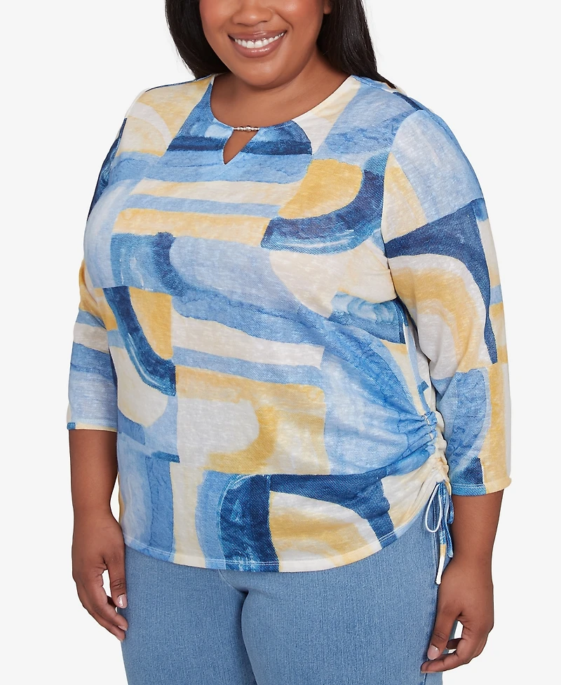 Alfred Dunner Plus Flower Power Watercolor Patchwork Geometric Keyhole Neck Top