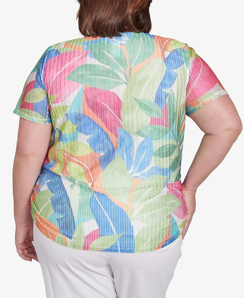 Alfred Dunner Plus Parrot Cay Textured Tropical Beaded Neck Top