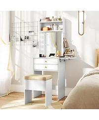 Compact Vanity Desk with 3-Color Lighted Mirror and Built-In Power Outlets