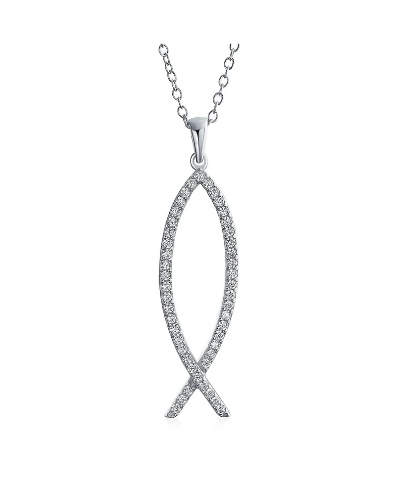 Bling Jewelry Sterling Silver Jesus Fish Ichthys Pendant Necklace with Pave Cubic Zirconia