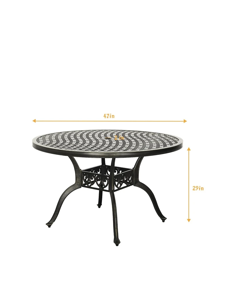 47 Inches Outdoor Dining Table Cast Aluminium Round Patio with Umbrella Hole All Weather Bistro for Backyard Garden P