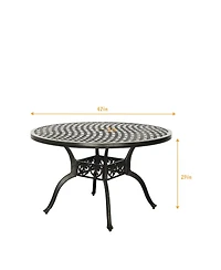 47 Inches Outdoor Dining Table Cast Aluminium Round Patio with Umbrella Hole All Weather Bistro for Backyard Garden P