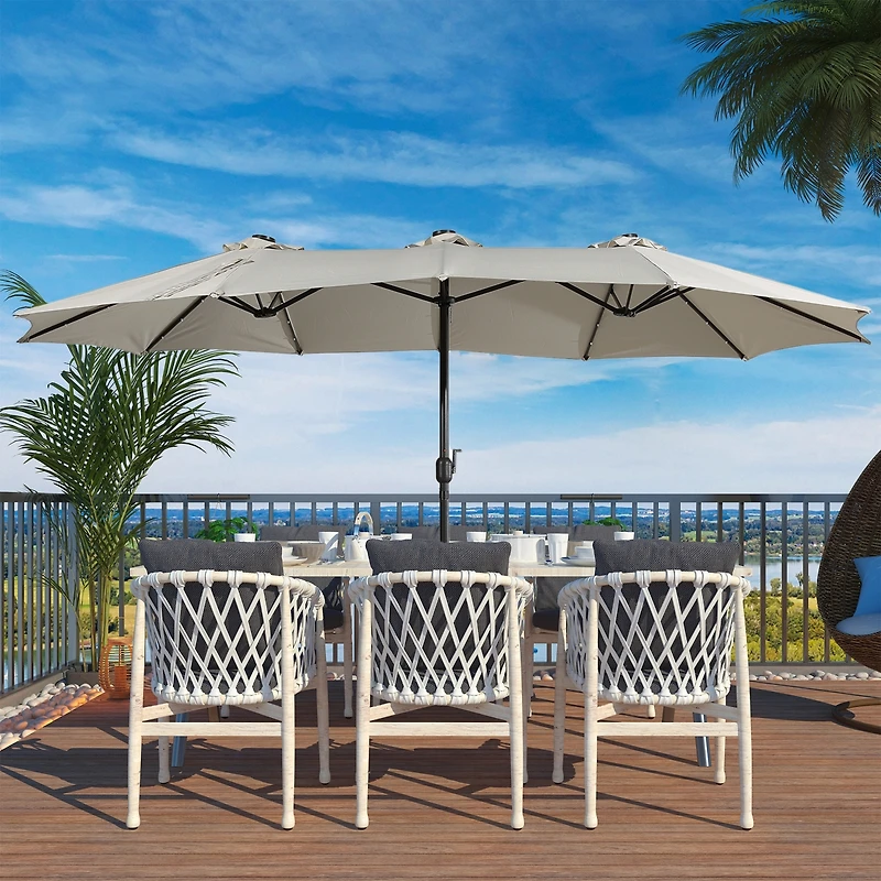 15 Ft Double-Head Patio Umbrella with Base Included Large Outdoor Solar Detachable Lights Rectangular Crank Market