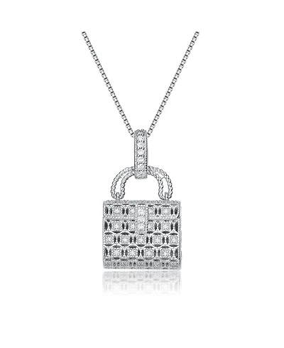 Sterling Silver White Gold Plated with Clear Cubic Zirconia Lock Pendant Necklace