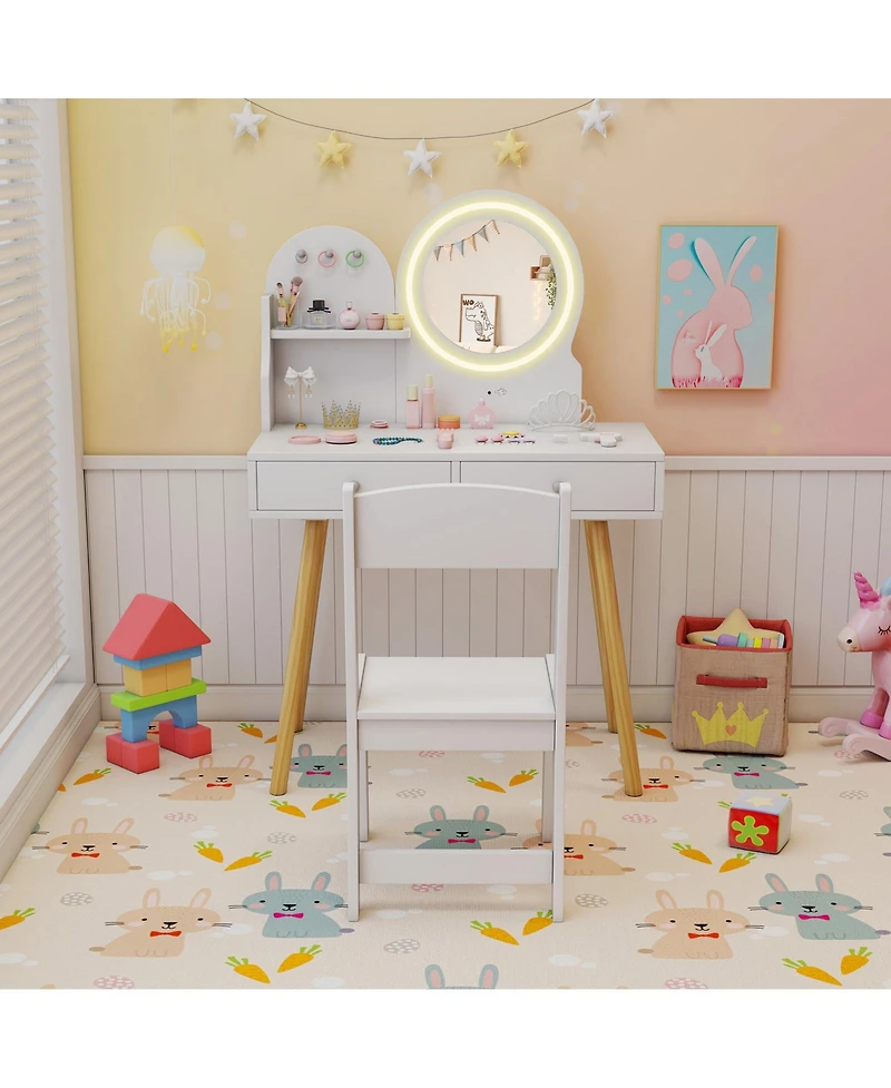 Kids Vanity Set with Light-Up Mirror, Chair, and Princess Makeup Desk