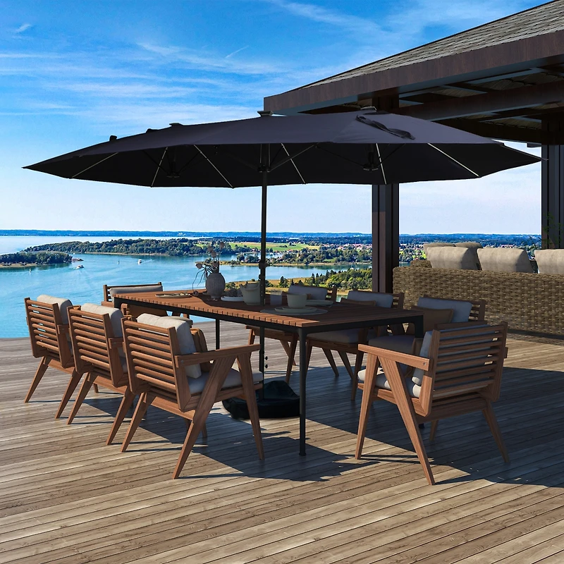 15 ft Patio Umbrellas with Solar Lights 12 Led Strip Lights Umbrella Rib, Double-Sided Market Umbrella with Base Included, Grey