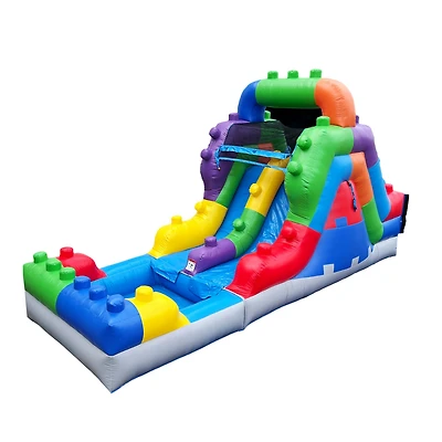 HeroKiddo 12FT Block Party Dual Lane Backload Inflatable Water Slide with Attached Pool & Air Blower, Commercial Grade, Pvc Vinyl, Outdoor Play, Backy