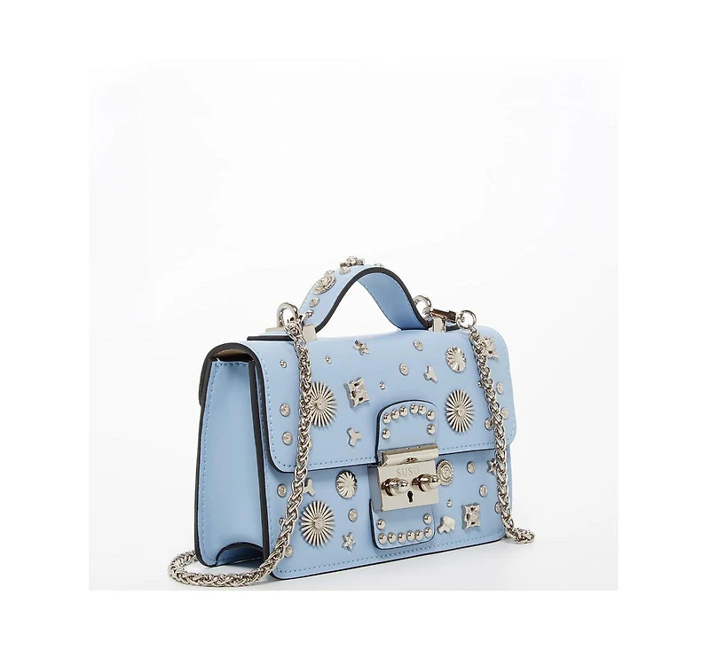 Susu Women s Light Blue Studded Crossbody Bag Powder Blue Sky Blue Designer Leather Shoulder Purse Top Handle and Embellishments