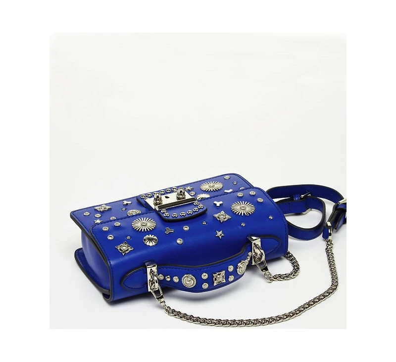 Susu Studded Cobalt Blue Leather Crossbody Bag Small Designer Women s Purse with Chain Strap and Top Handle