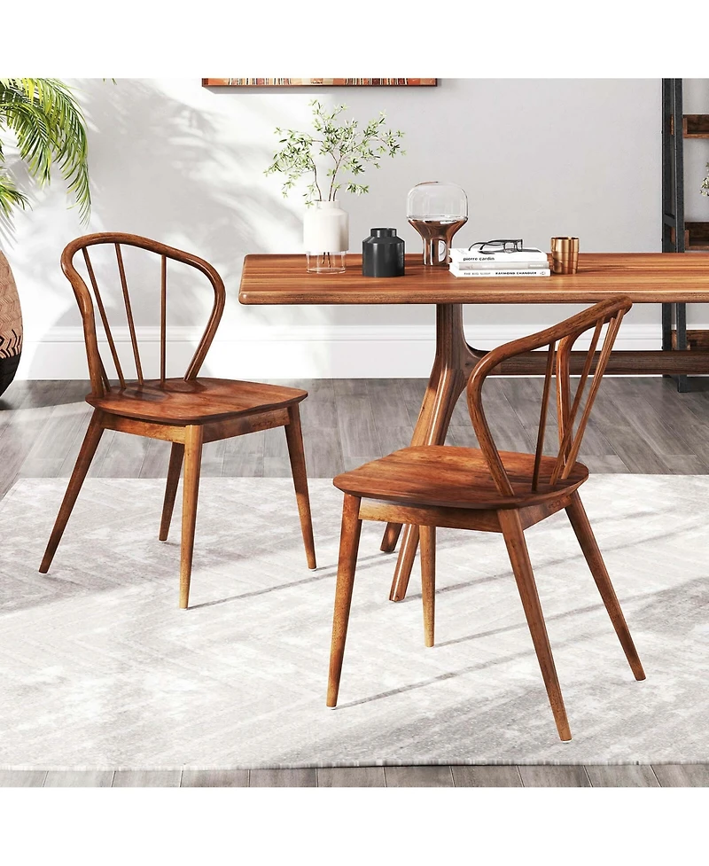 Wooden Dining Chair Set of 4 with High Spindle Back Rubber Wood Legs Wide Seat