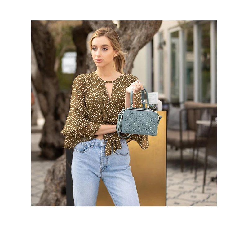 Susu Woven Leather Crossbody Bag Blue Purse Women's Handbag with Top Handle and Adjustable Strap