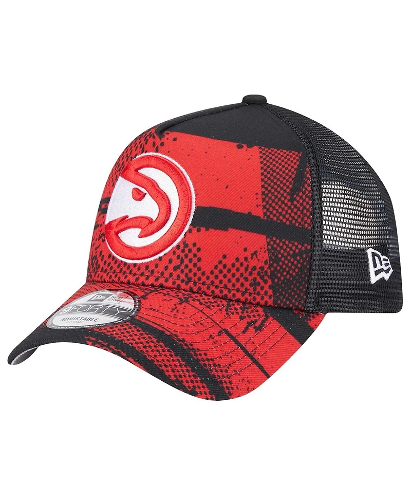 New Era Men's Black/Red Atlanta Hawks Tip Off A-Frame Trucker 9FORTY Adjustable Hat