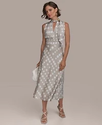 Donna Karan New York Womens Dot Print Tie Neck A Line Dress