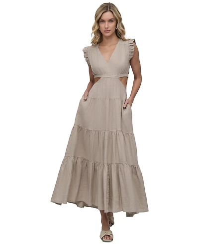 Dkny Jeans Women's Linen-Blend Tiered V-Neck Cutout Dress - Pbl