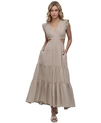 Dkny Jeans Women's Linen-Blend Tiered V-Neck Cutout Dress - Pbl
