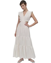 Dkny Jeans Women's Linen-Blend Tiered V-Neck Cutout Dress