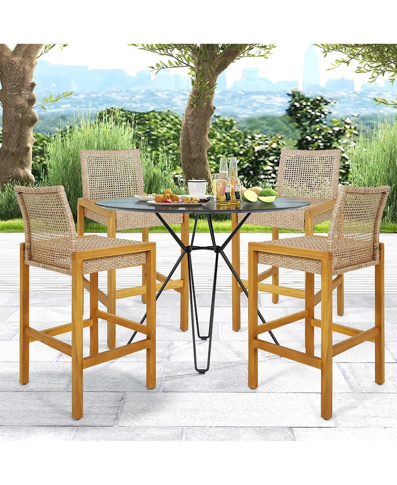 Gymax Wicker Bar Stools Set of 4 Patio Chairs w/ Solid Wood Frame & Ergonomic Footrest