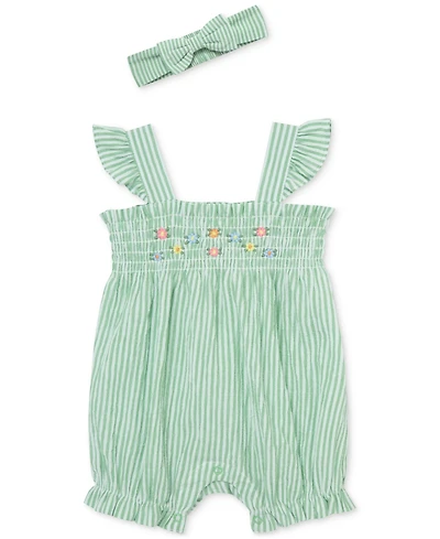 Little Me Baby Girls Cotton Striped Floral Bubble Romper & Headband, 2 Piece Set