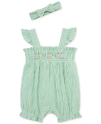 Little Me Baby Girls Cotton Striped Floral Bubble Romper & Headband, 2 Piece Set