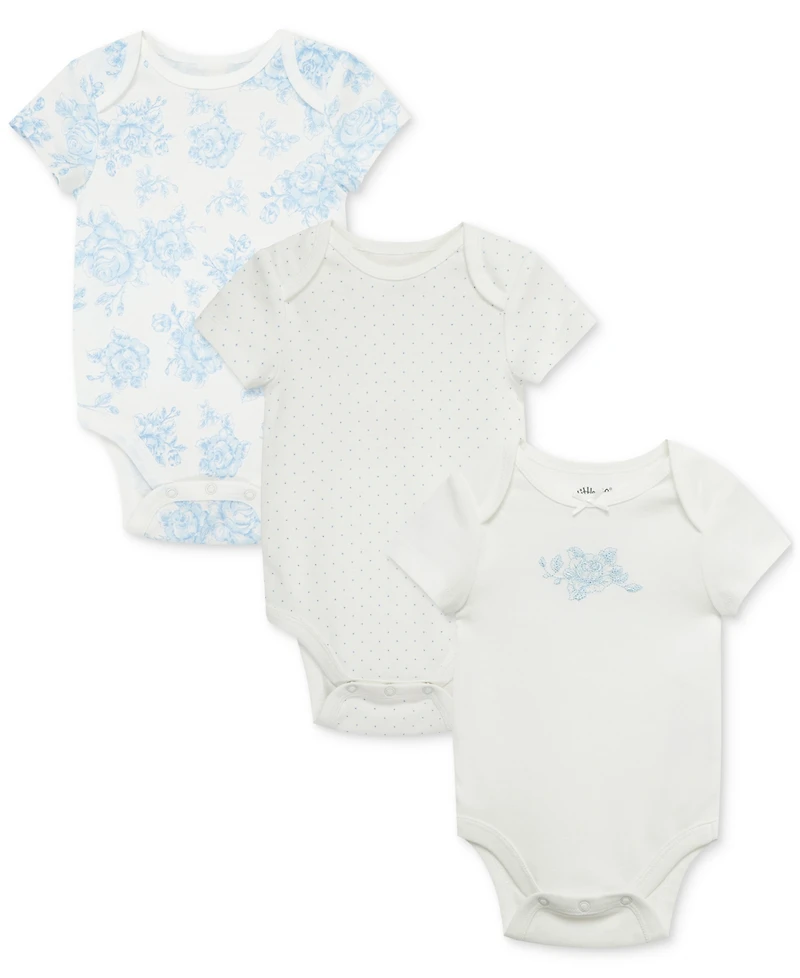 Little Me Baby Girls Blue Roses Short-Sleeve Cotton Bodysuits, Pack of 3