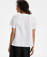 Charter Club Petite Linen Tie-Neck Short-Sleeve Peasant Top, Exclusively at Macy's