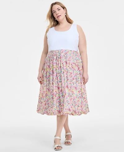 Tommy Hilfiger Plus Floral-Print-Skirt Sleeveless Dress