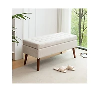 Tufted Storage Ottoman Bench for Bedroom or Entryway, Linen Storage Bench with Solid Wood Legs-The Pop Home