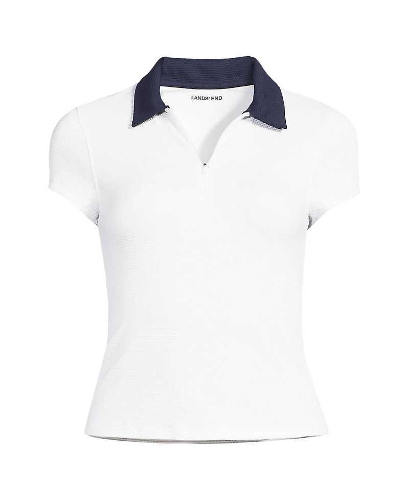 Lands' End Women's Long SunShade Upf 50 Short Sleeve Pique Johnny Collar Rash Guard