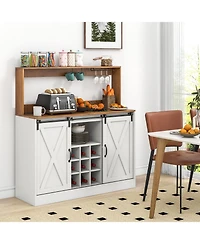 Farmhouse Coffee Bar Cabinet with Charging Station and Sliding Barn Doors