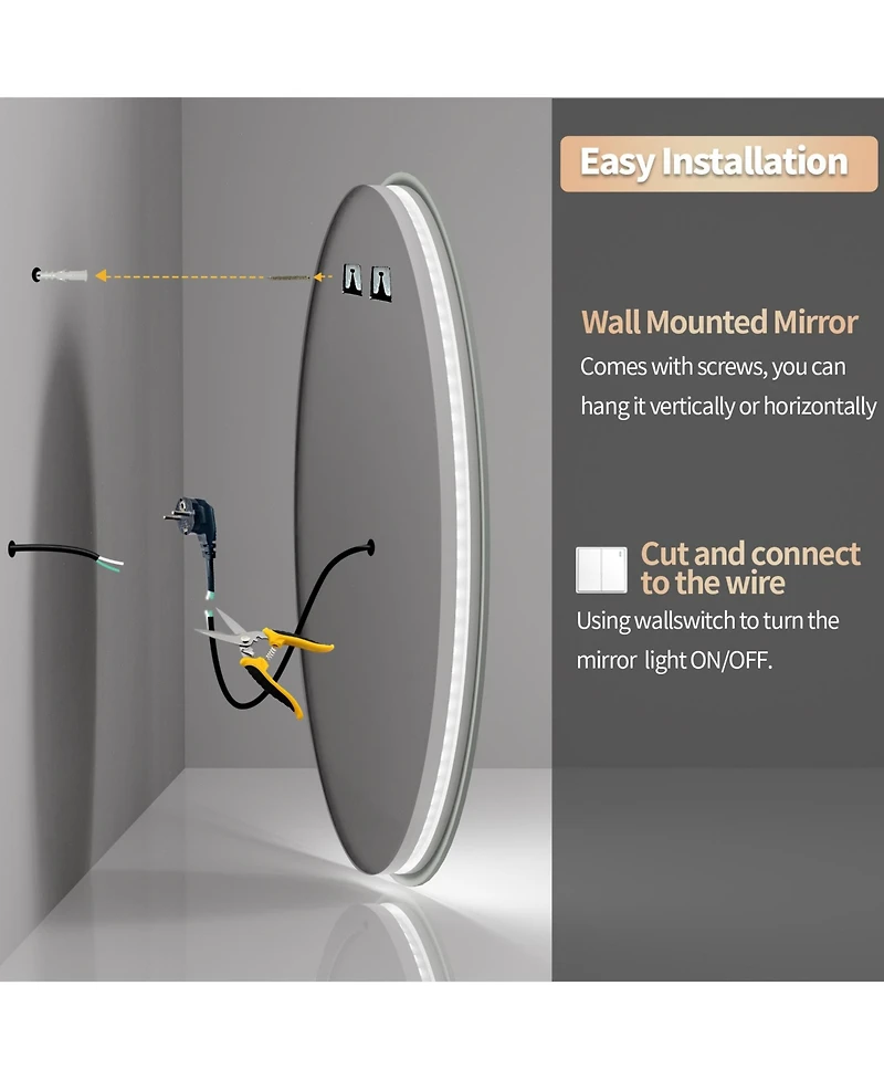 Luvodi 24" Round Shape Led Bathroom Mirror Anti-Fog Wall Mounted Backlit Vanity Mirror
