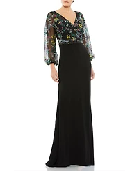 Mac Duggal Women's Embroidered Illusion Puff Sleeve Column Gown