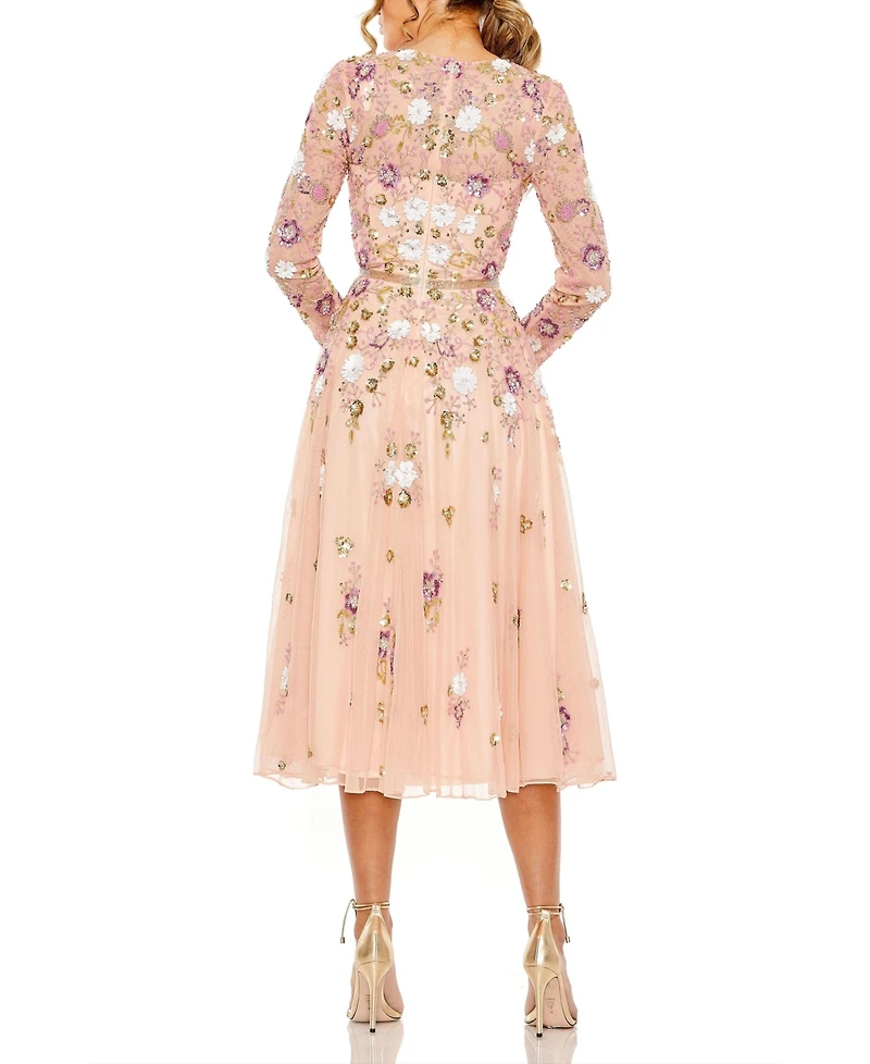 Mac Duggal Women's Sequined Floral Long Sleeve High Neck Midi Dress